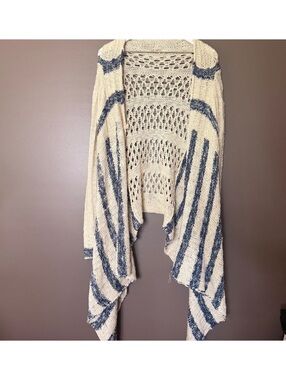 Double Zero Cream Navy Striped Crochet Open Knit Waterfall Cardigan Boho L